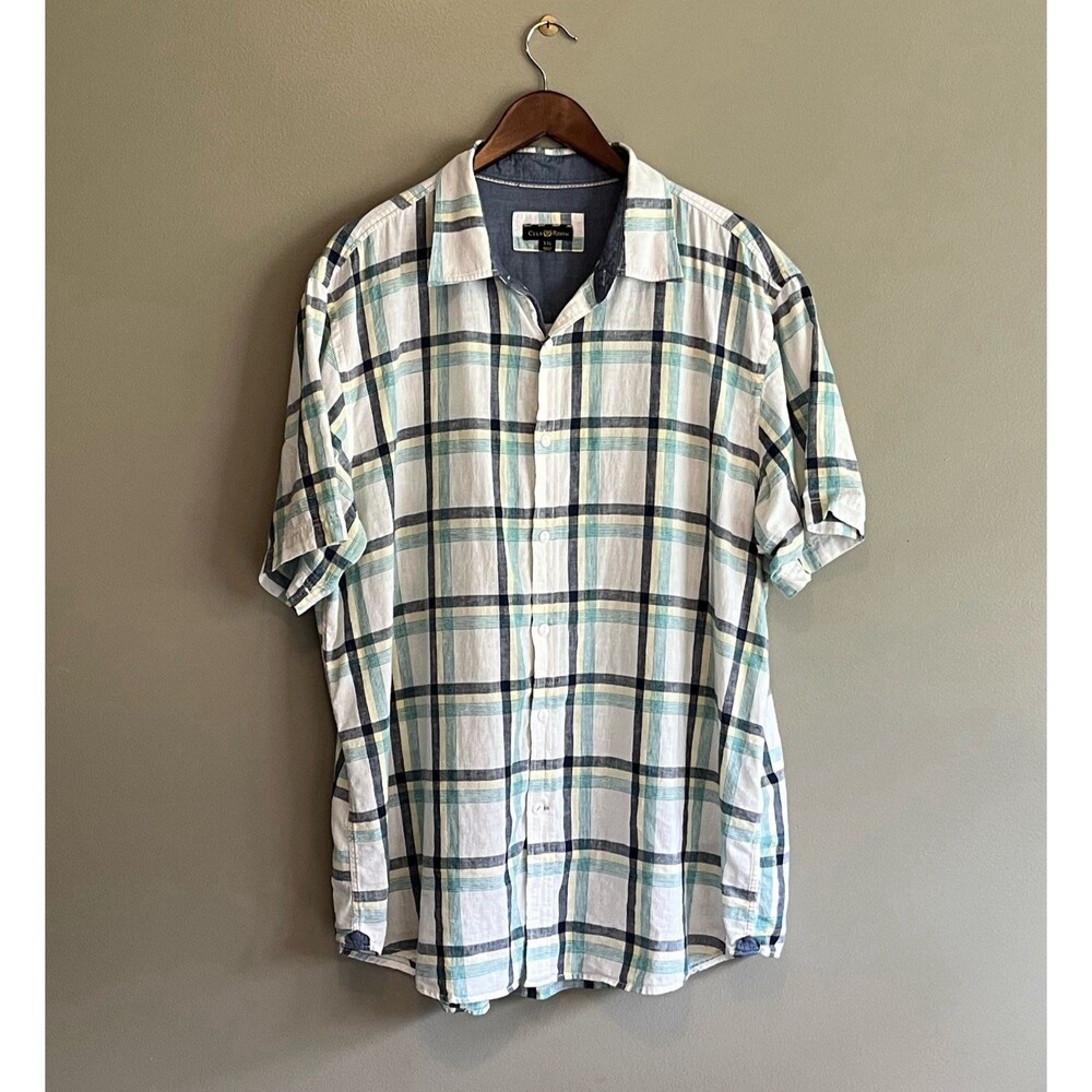 Club Room Mens XXL 2XL Linen Blend Shirt Plaid White Short Sleeve SS Summer